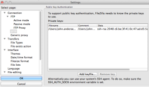 Setup screen for FileZilla's SFTP key files. 