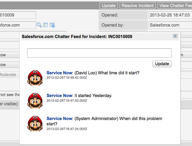 The ServiceNow rendered Chatter feed